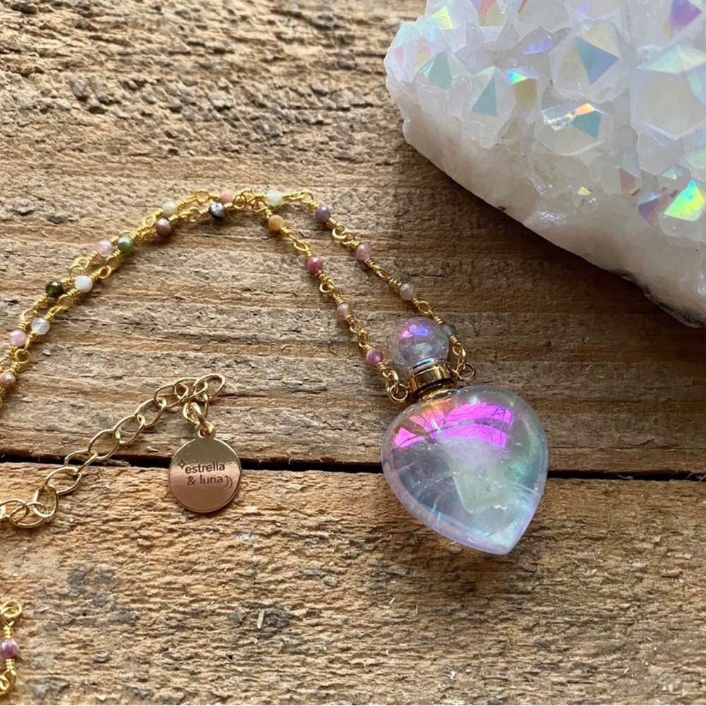 Aura Quartz Crystal bottle Necklace 18K Gold Plated Brass Rosary Chain New in bx - Picture 10 of 10